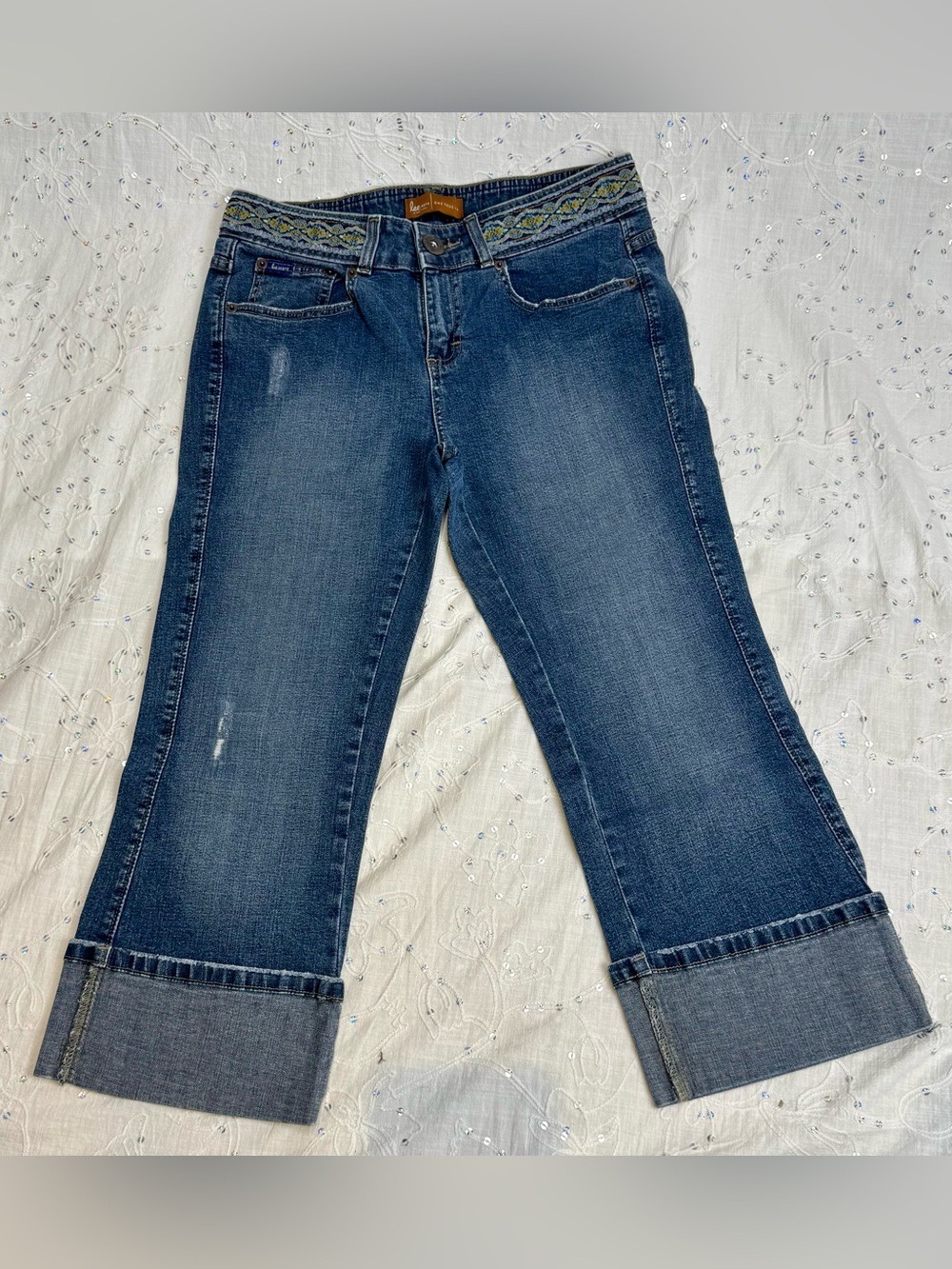 Lee Jeans Capri Cropped Denim Jeans Jacquard Trim Waistband Size 7/8 Medium